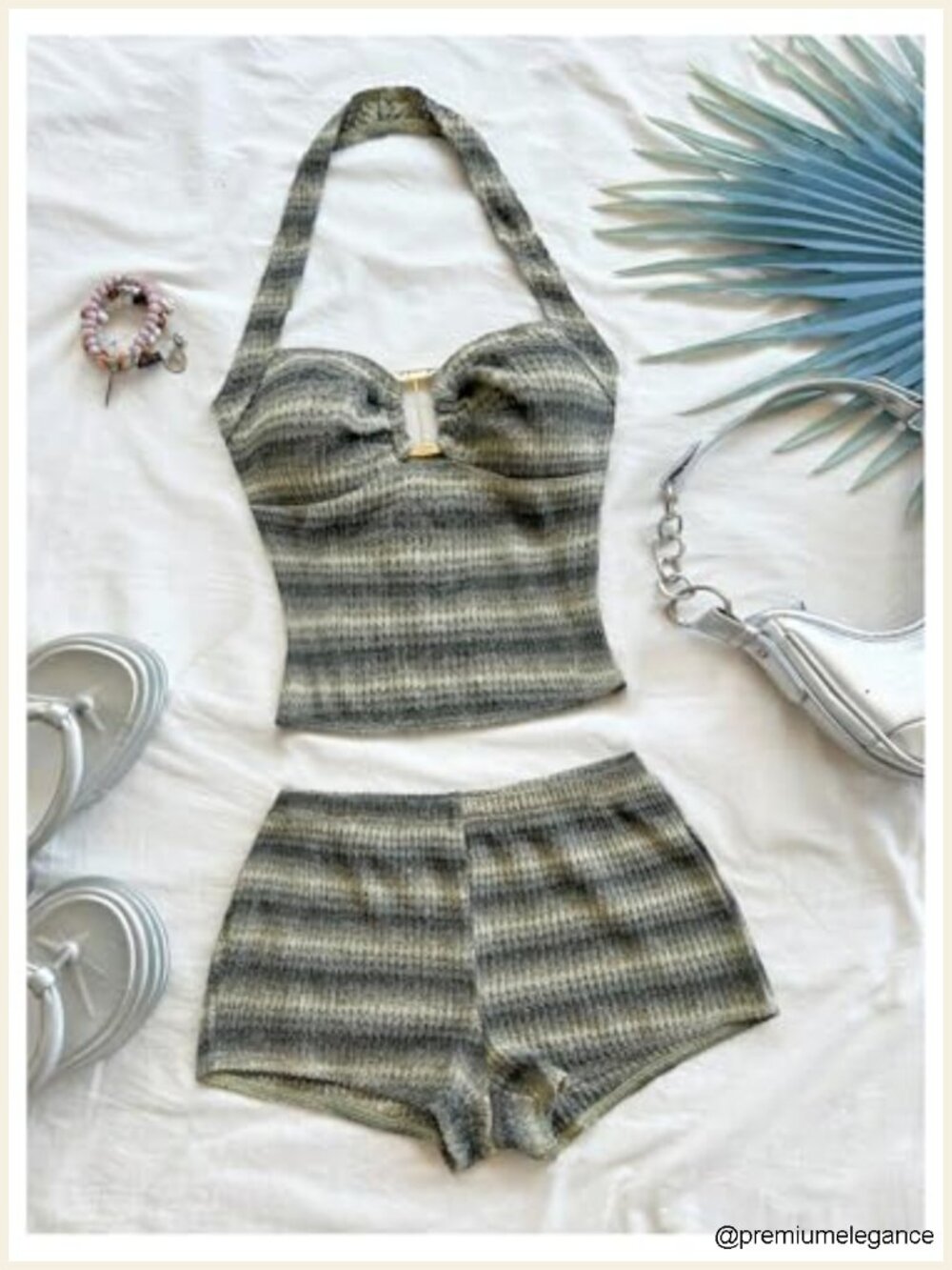 Women's Striped Knit Halter Crop Top & Shorts 2 Piece Set Going Out - Picture 4 of 4